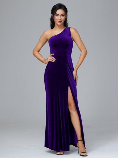 One Shoulder Plus Size Velvet Bridesmaid Dress With Slit