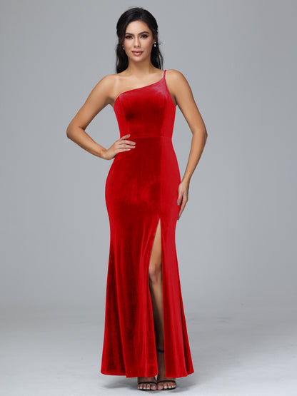 One Shoulder Velvet Bridesmaid Dress With Slit