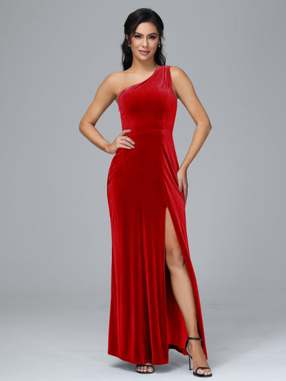 One Shoulder Velvet Bridesmaid Dress With Slit
