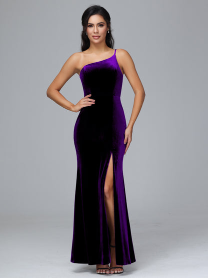 One Shoulder Velvet Bridesmaid Dress With Slit