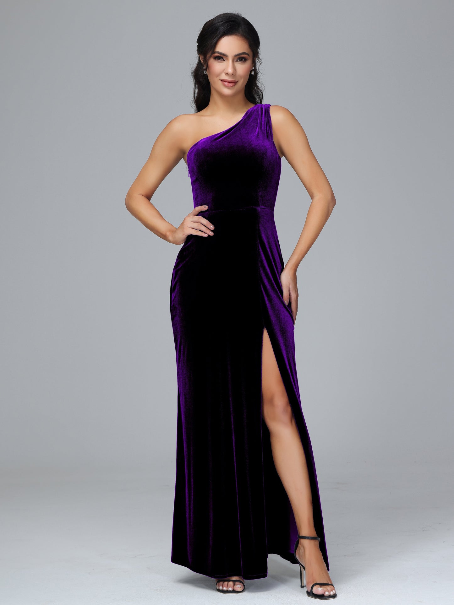 One Shoulder Plus Size Velvet Bridesmaid Dress With Slit