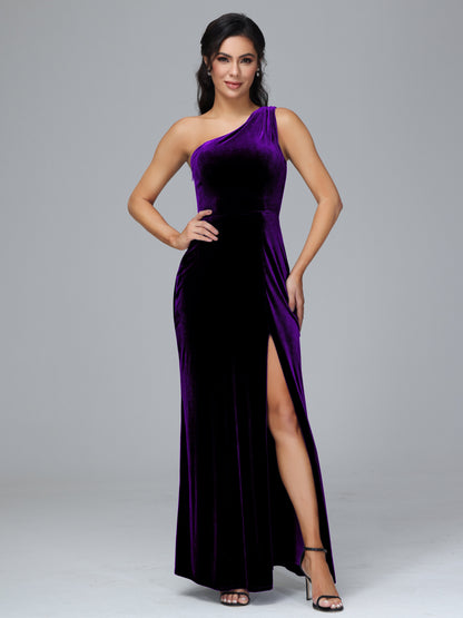 One Shoulder Plus Size Velvet Bridesmaid Dress With Slit