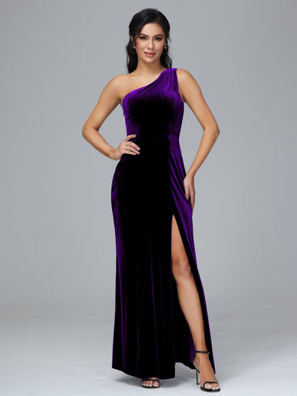 One Shoulder Velvet Bridesmaid Dress With Slit