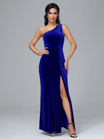 One Shoulder Plus Size Velvet Bridesmaid Dress With Slit