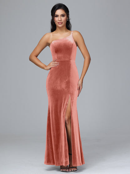 One Shoulder Velvet Bridesmaid Dress With Slit