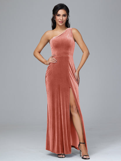 One Shoulder Plus Size Velvet Bridesmaid Dress With Slit