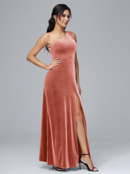 One Shoulder Plus Size Velvet Bridesmaid Dress With Slit
