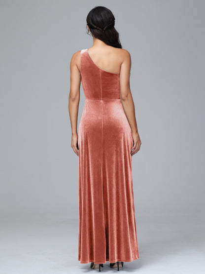 One Shoulder Plus Size Velvet Bridesmaid Dress With Slit