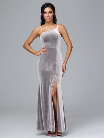 One Shoulder Velvet Bridesmaid Dress With Slit