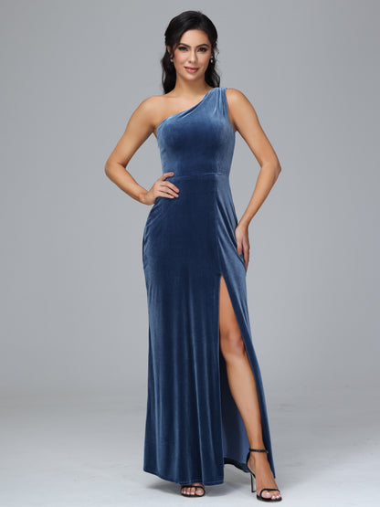 One Shoulder Plus Size Velvet Bridesmaid Dress With Slit
