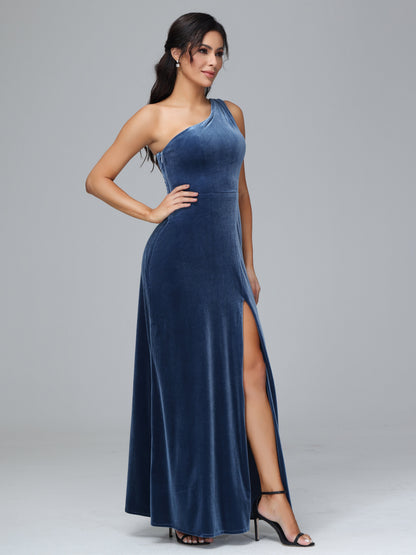 One Shoulder Plus Size Velvet Bridesmaid Dress With Slit