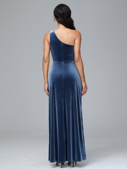 One Shoulder Plus Size Velvet Bridesmaid Dress With Slit