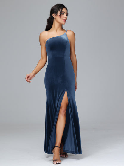 One Shoulder Velvet Bridesmaid Dress With Slit