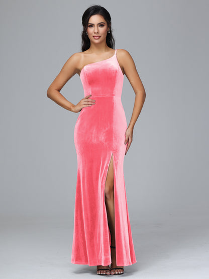One Shoulder Velvet Bridesmaid Dress With Slit