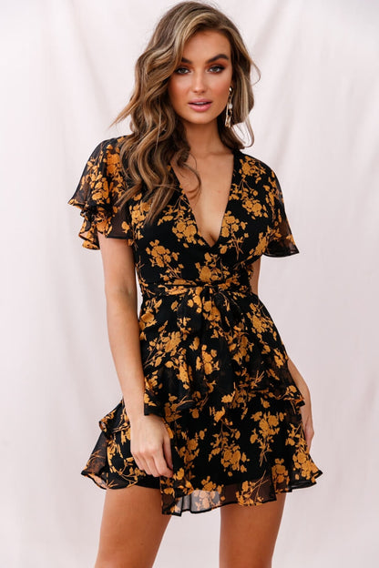Kerry Layered Angel Sleeve Dress Black/Orange Flower