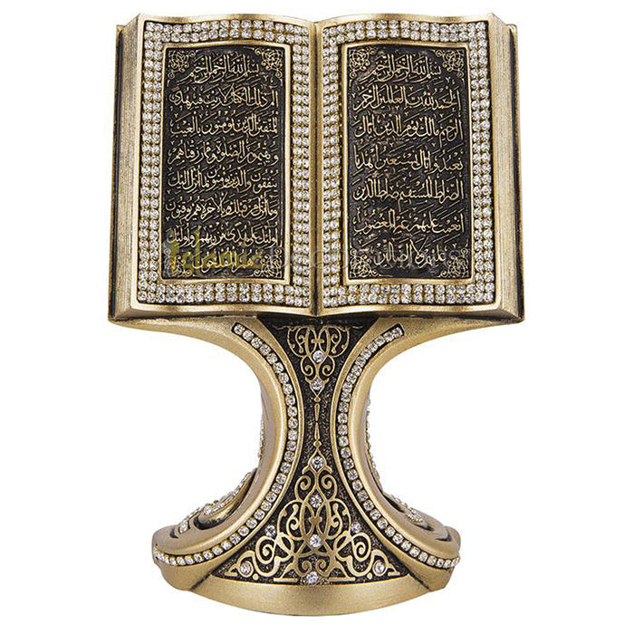 Quran Fatihah Baqarah Gold Book Clear Crystal 6-1/4 In Molded Ornament - Islamic Calligraphy Art