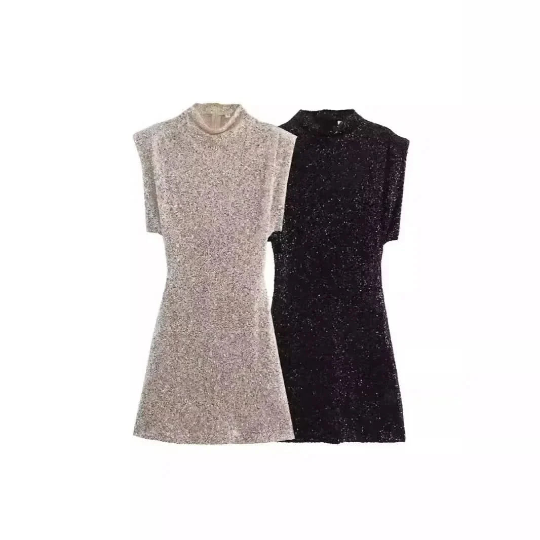 Sequined Short-Sleeved Mini Dress