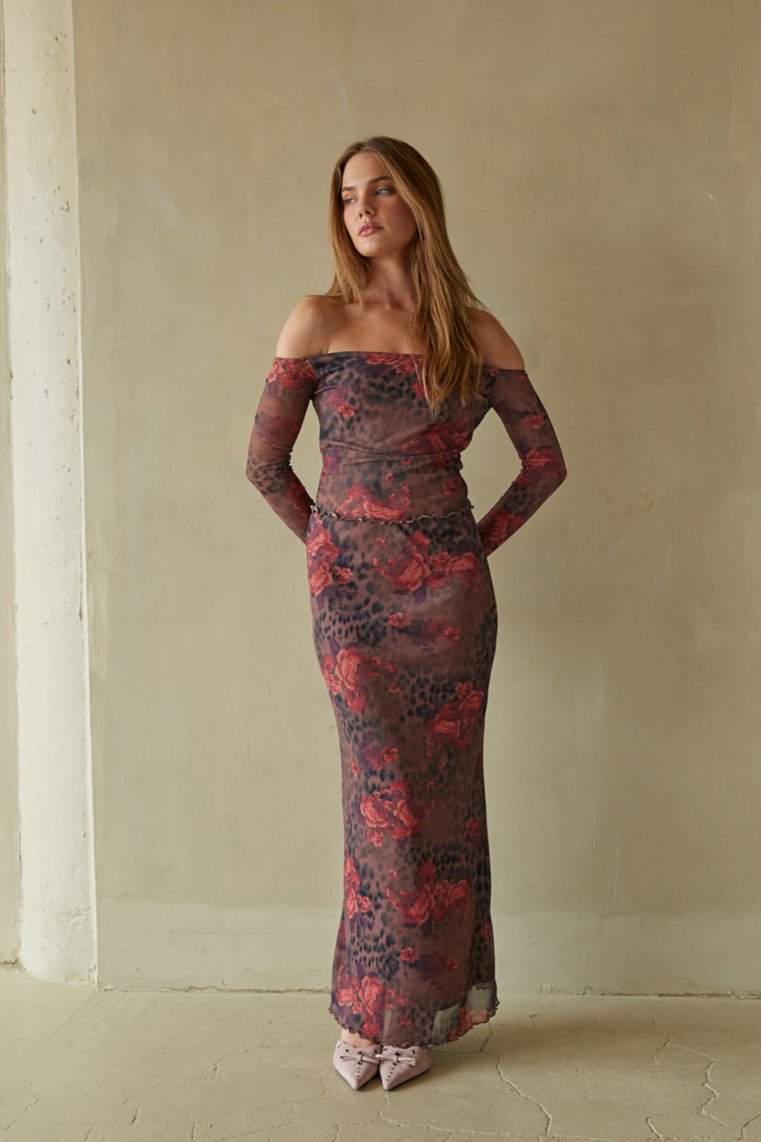Serena Floral Leopard Mesh Maxi Skirt