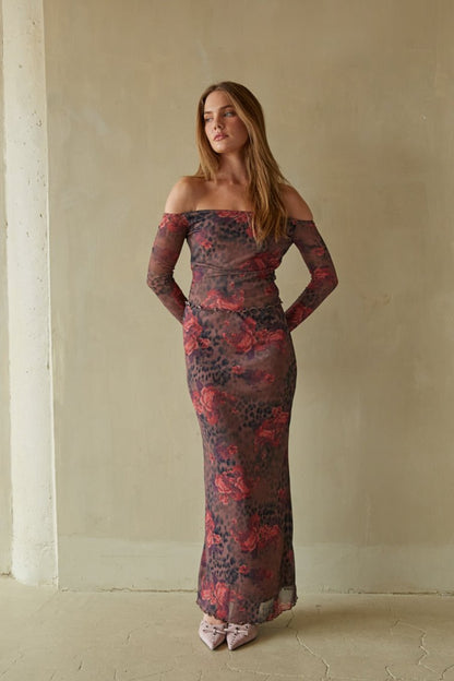 Serena Floral Leopard Mesh Maxi Skirt
