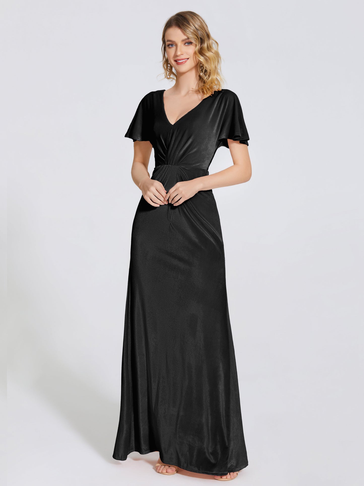 Summer Sheath Velvet Bridesmaid Dress With Short Sleeves