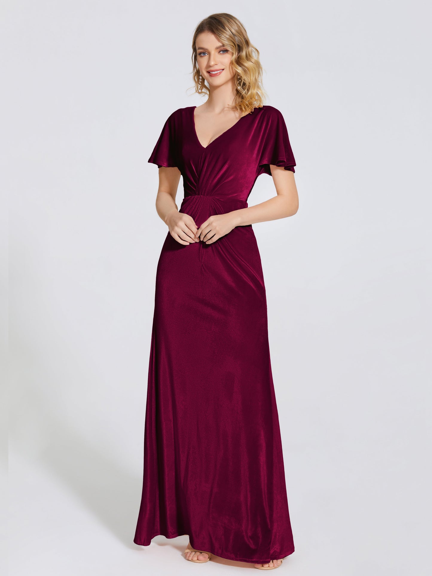 Summer Sheath Velvet Bridesmaid Dress With Short Sleeves