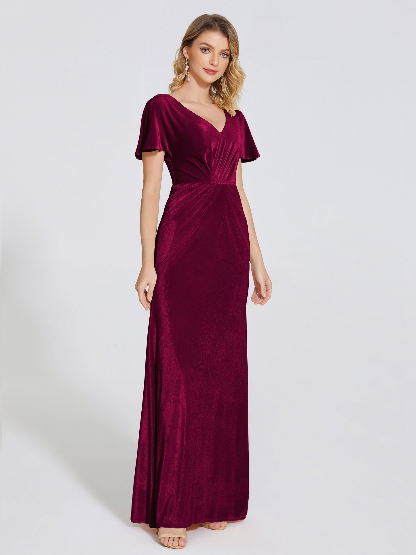 Summer Sheath Velvet Bridesmaid Dress With Short Sleeves