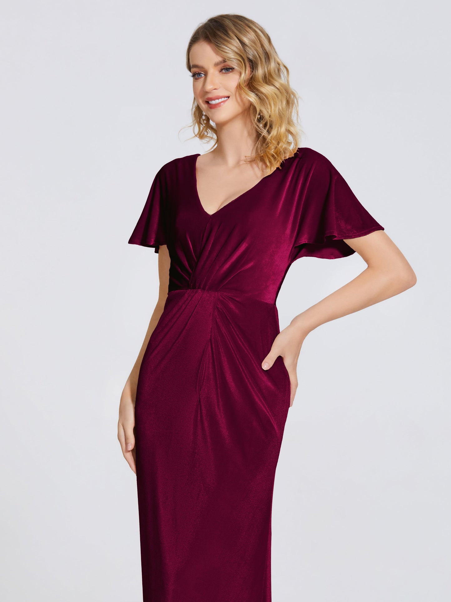 Summer Sheath Velvet Bridesmaid Dress With Short Sleeves