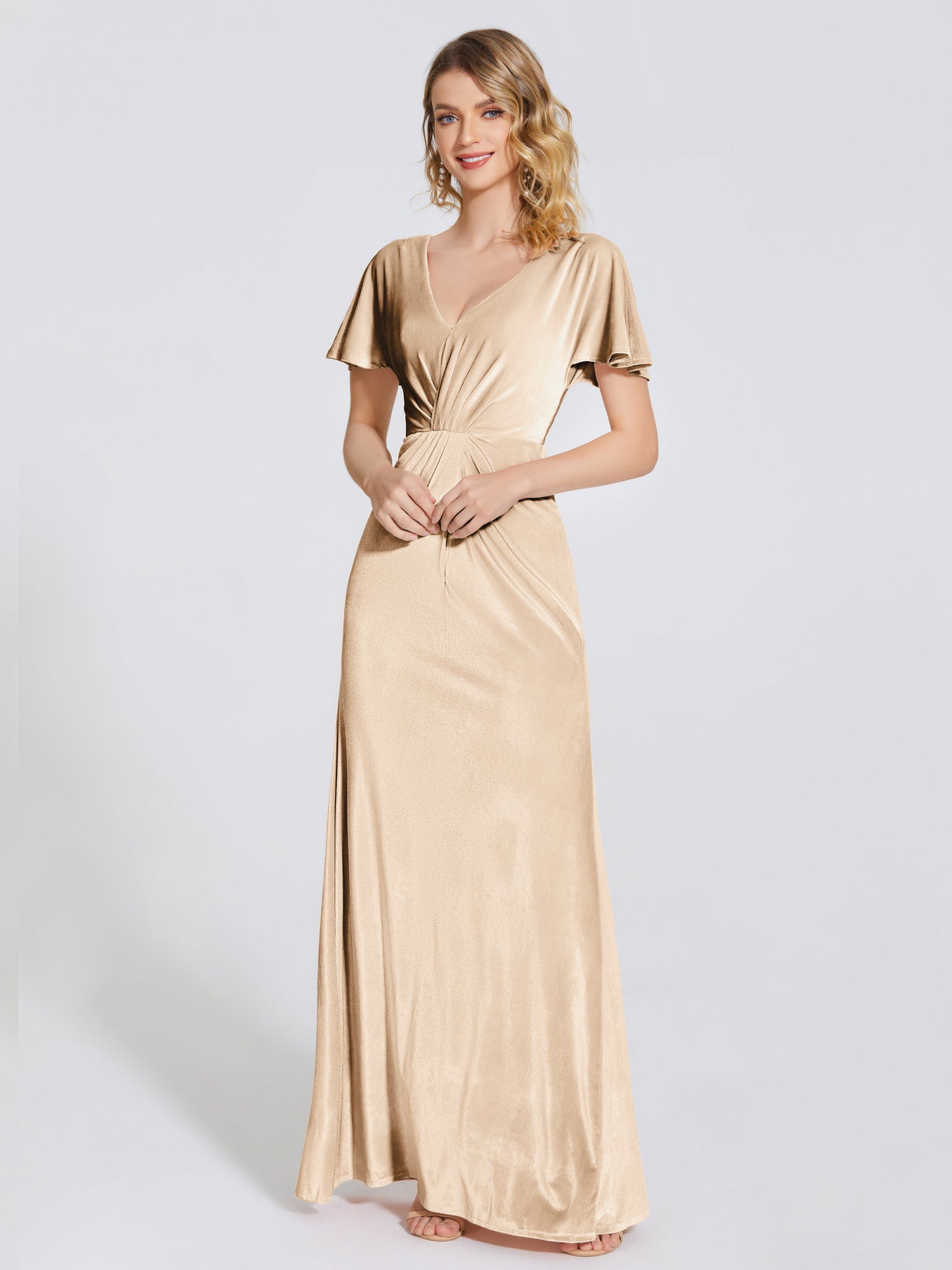 Summer Sheath Velvet Bridesmaid Dress With Short Sleeves
