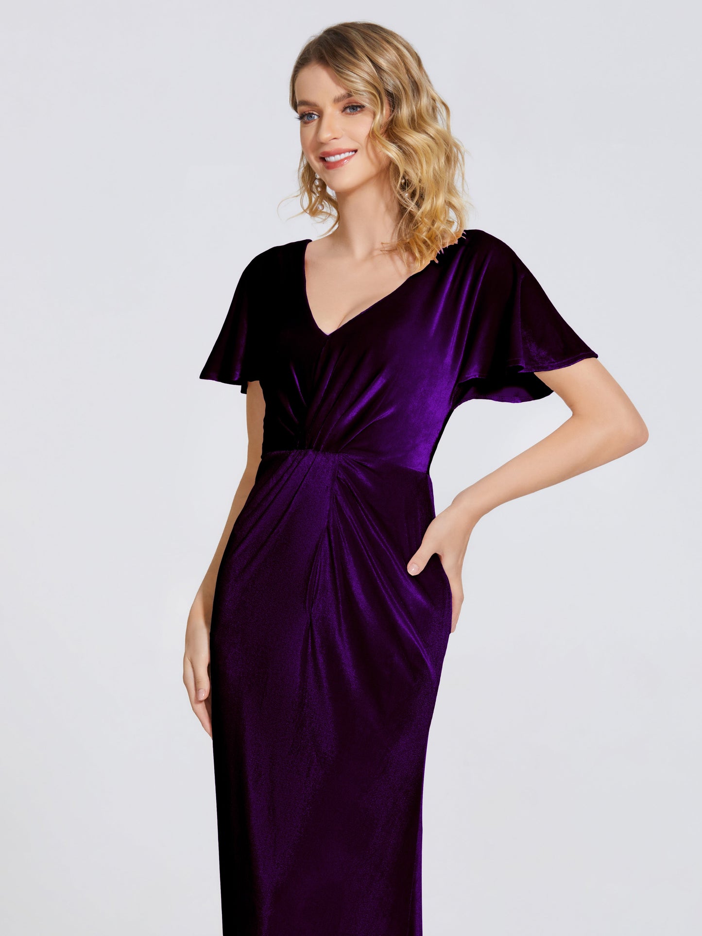 Summer Sheath Velvet Bridesmaid Dress With Short Sleeves