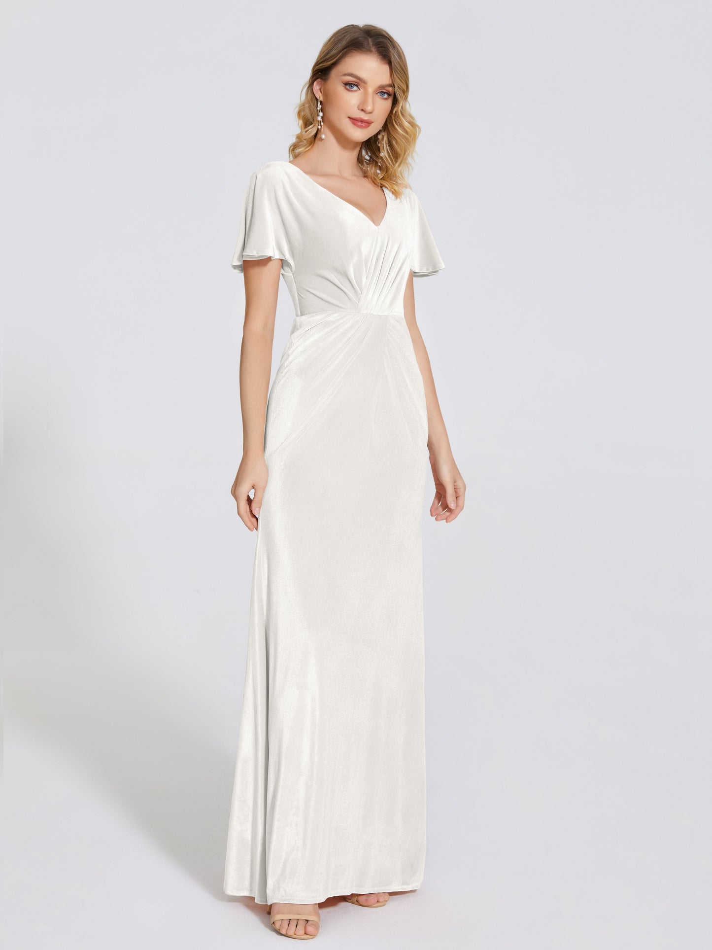 Summer Sheath Velvet Bridesmaid Dress With Short Sleeves