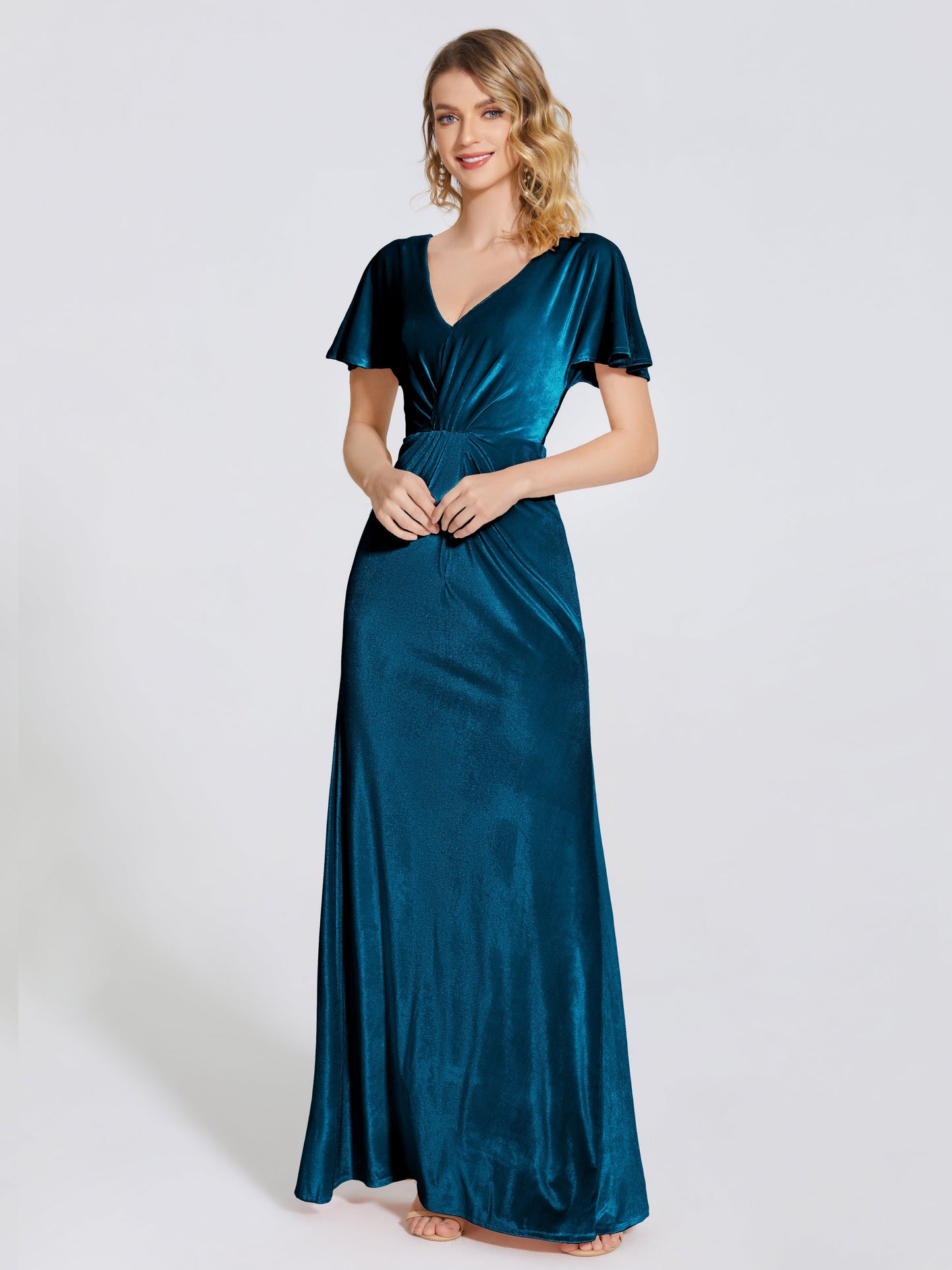 Summer Sheath Velvet Bridesmaid Dress With Short Sleeves