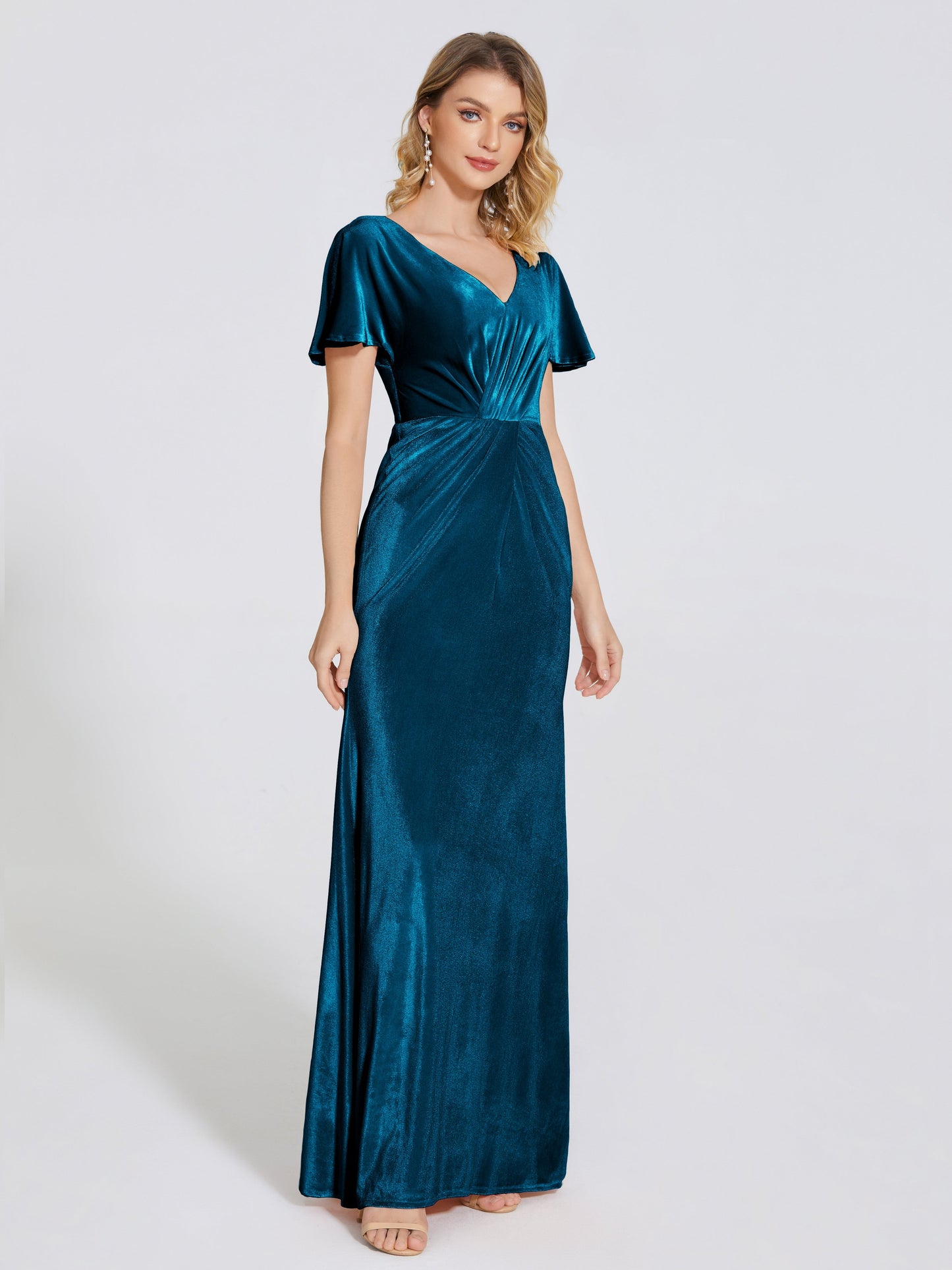 Summer Sheath Velvet Bridesmaid Dress With Short Sleeves