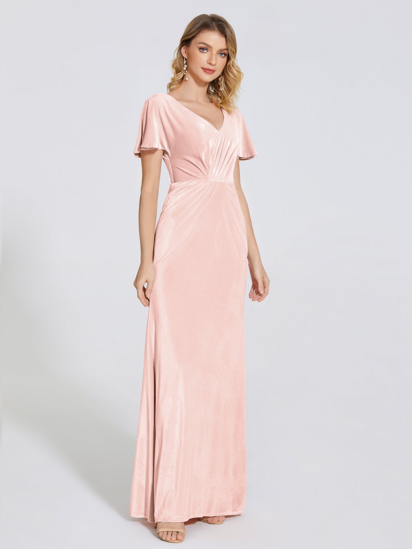 Summer Sheath Velvet Bridesmaid Dress With Short Sleeves