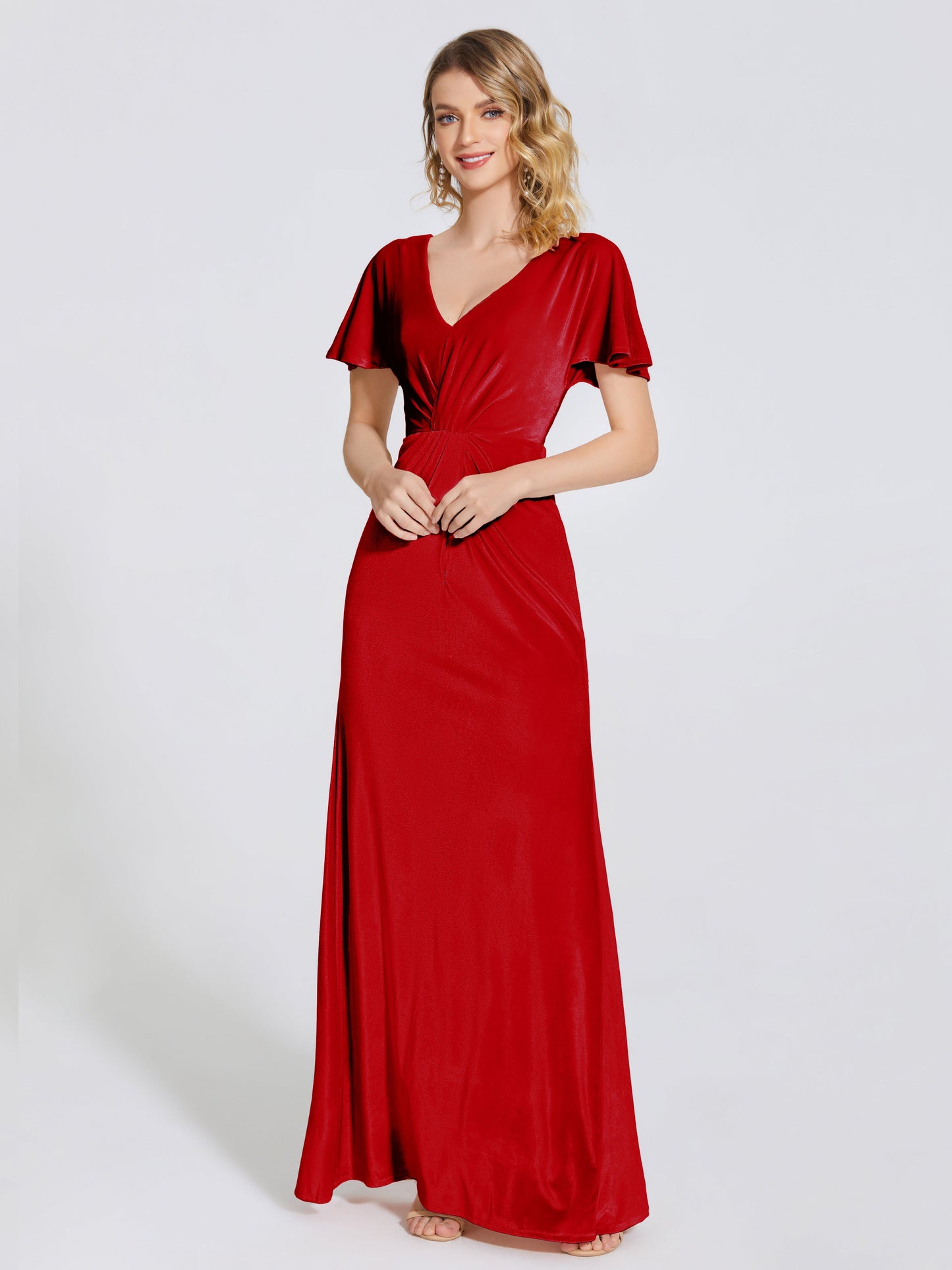Summer Sheath Velvet Bridesmaid Dress With Short Sleeves