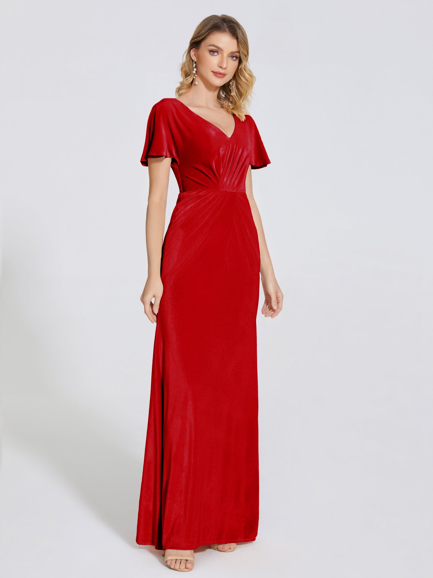 Summer Sheath Velvet Bridesmaid Dress With Short Sleeves