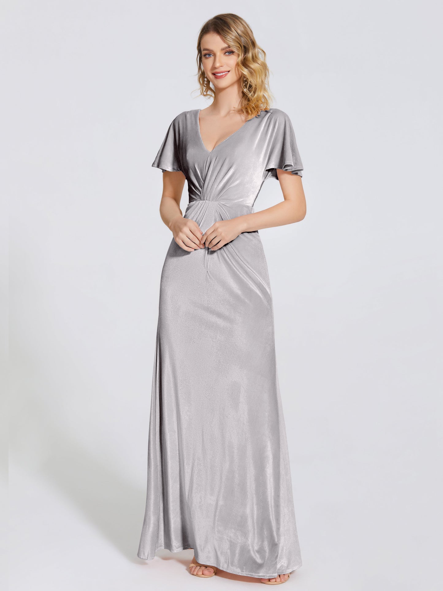 Summer Sheath Velvet Bridesmaid Dress With Short Sleeves
