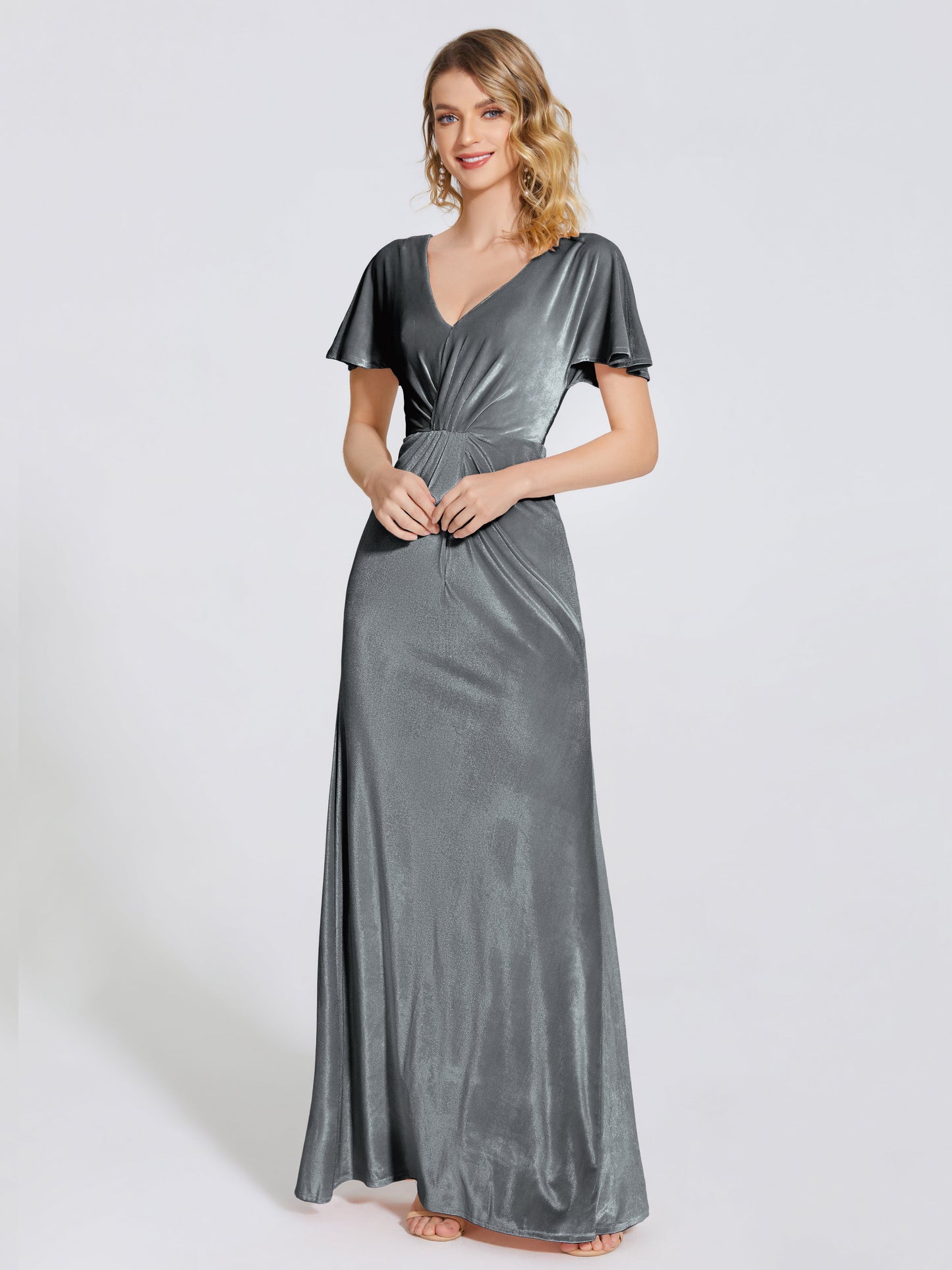 Summer Sheath Velvet Bridesmaid Dress With Short Sleeves