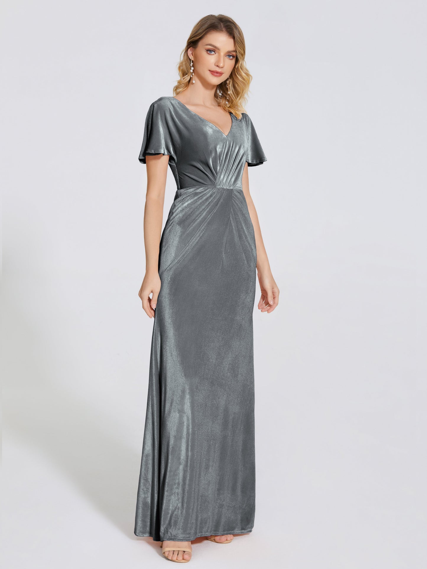 Summer Sheath Velvet Bridesmaid Dress With Short Sleeves