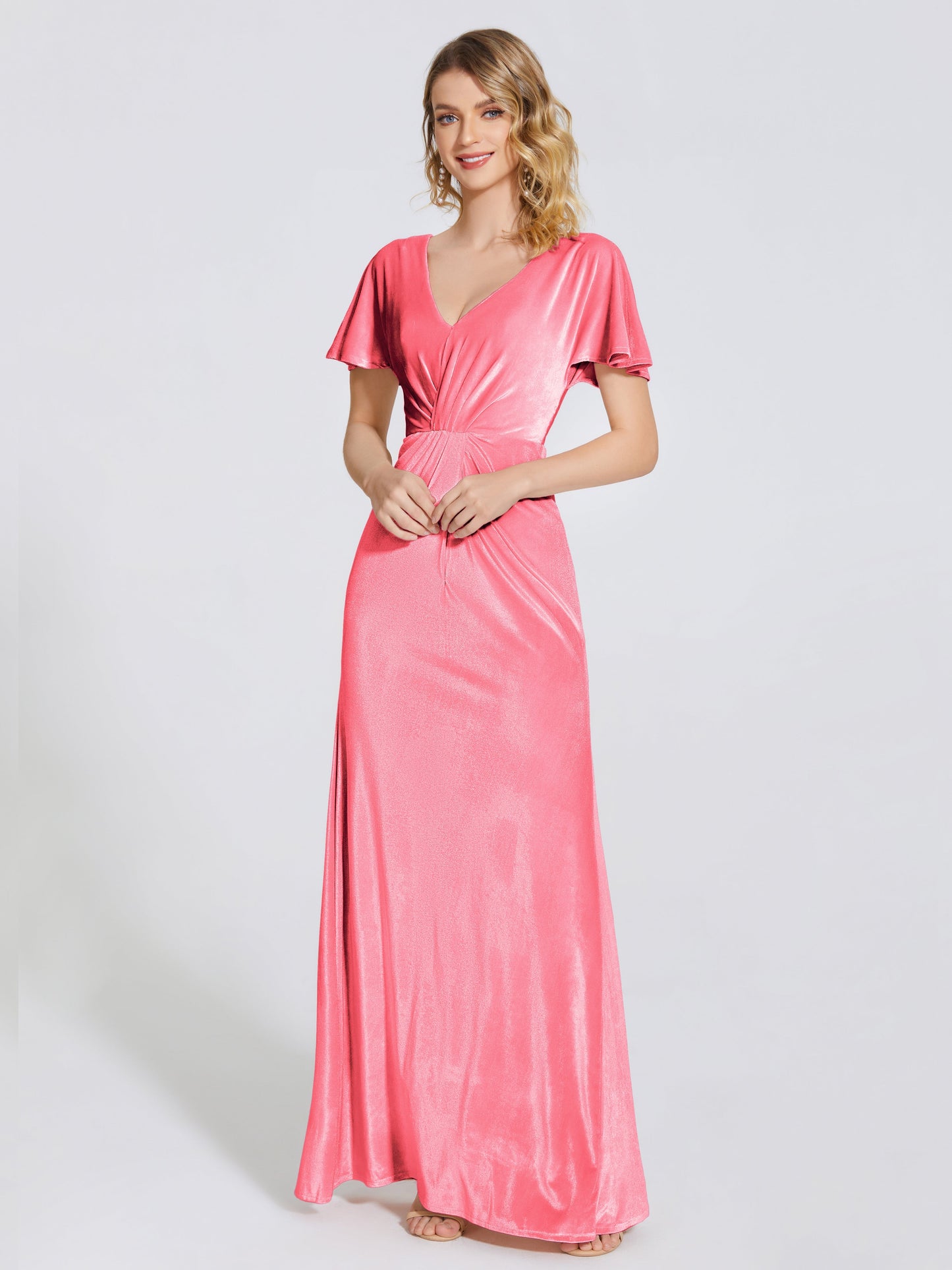 Summer Sheath Velvet Bridesmaid Dress With Short Sleeves
