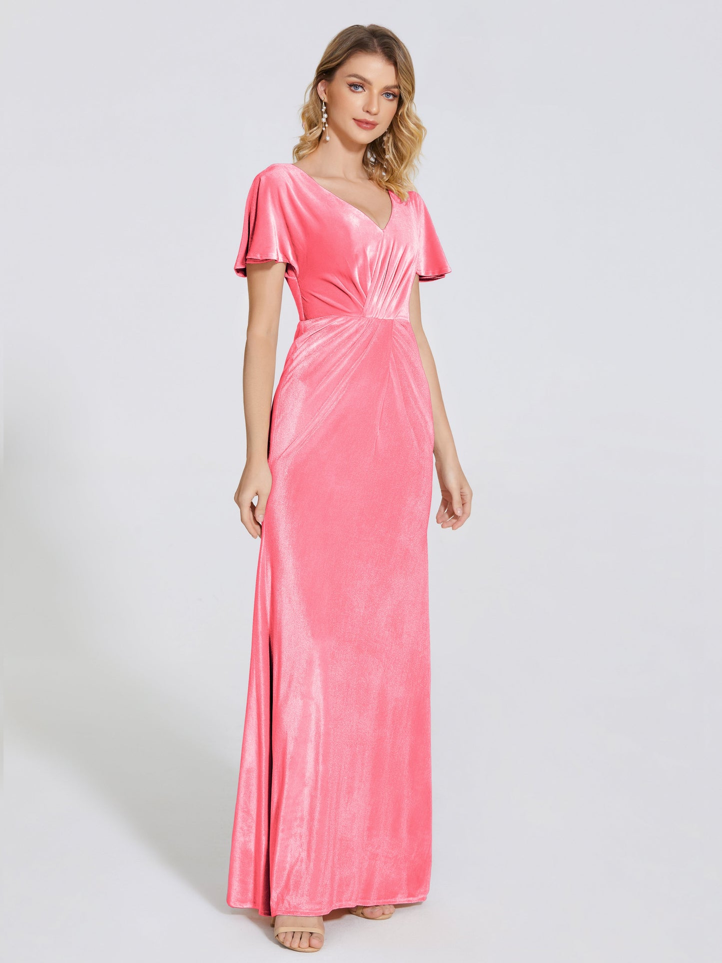 Summer Sheath Velvet Bridesmaid Dress With Short Sleeves