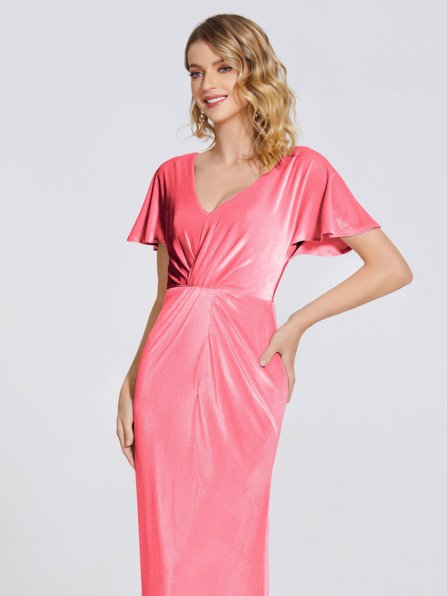Summer Sheath Velvet Bridesmaid Dress With Short Sleeves
