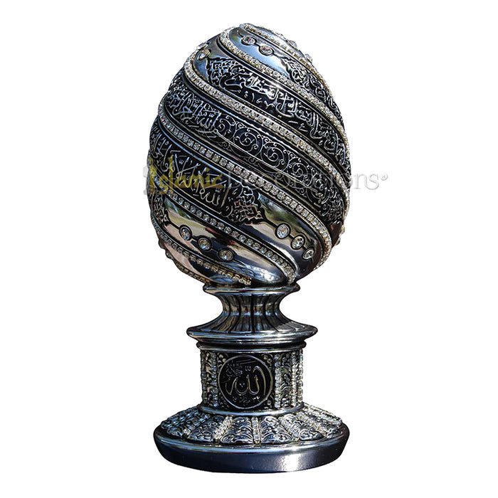 Silver Egg Ayatul Kursi Clear Crystal 7-1/2 In Molded Ornament - Islamic Calligraphy Art