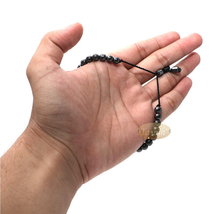 Small Tasbih Bracelet 33-Bead Hematite 6 mm Round Beads with Cylinder Lock and Stops Adjustable