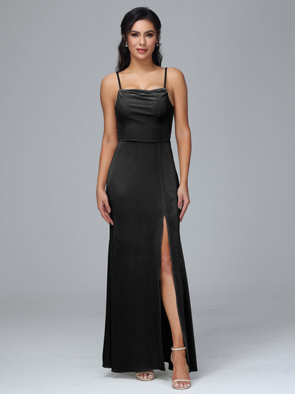 Spaghetti Straps Zipper Back Velvet Bridesmaid Dress With Slit