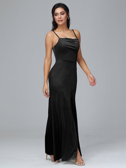 Spaghetti Straps Zipper Back Plus Size Velvet Bridesmaid Dress With Slit