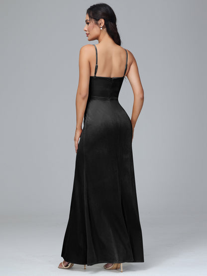 Spaghetti Straps Zipper Back Plus Size Velvet Bridesmaid Dress With Slit