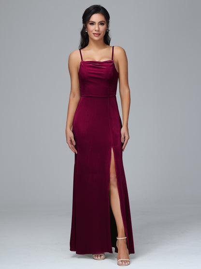 Spaghetti Straps Zipper Back Plus Size Velvet Bridesmaid Dress With Slit