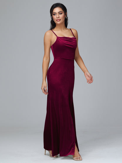 Spaghetti Straps Zipper Back Plus Size Velvet Bridesmaid Dress With Slit