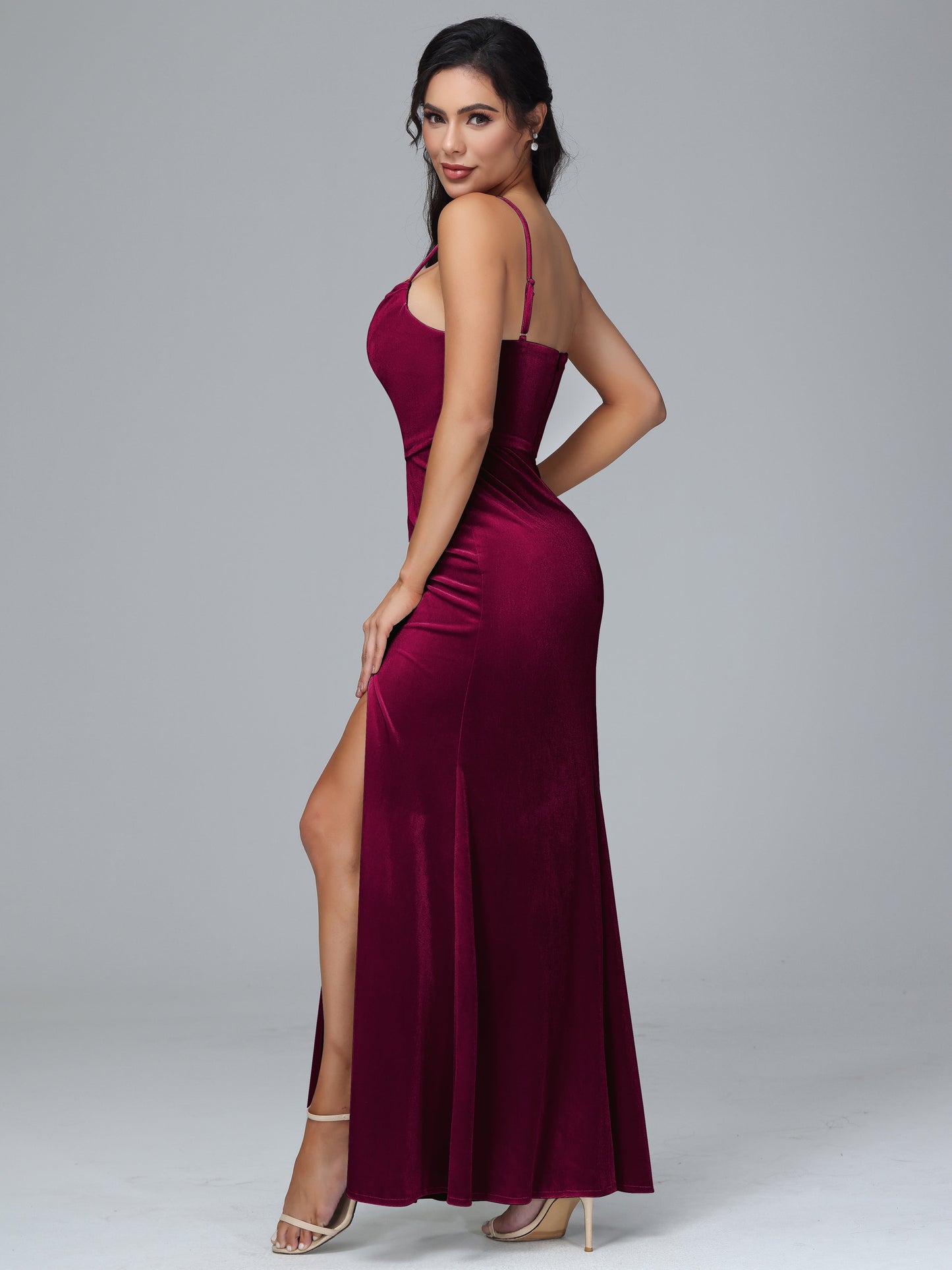 Spaghetti Straps Zipper Back Plus Size Velvet Bridesmaid Dress With Slit