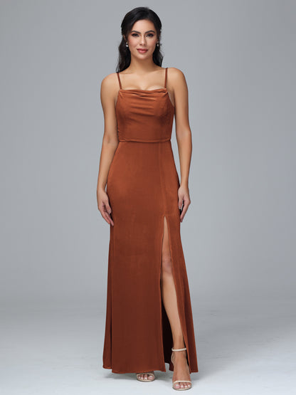Spaghetti Straps Zipper Back Velvet Bridesmaid Dress With Slit